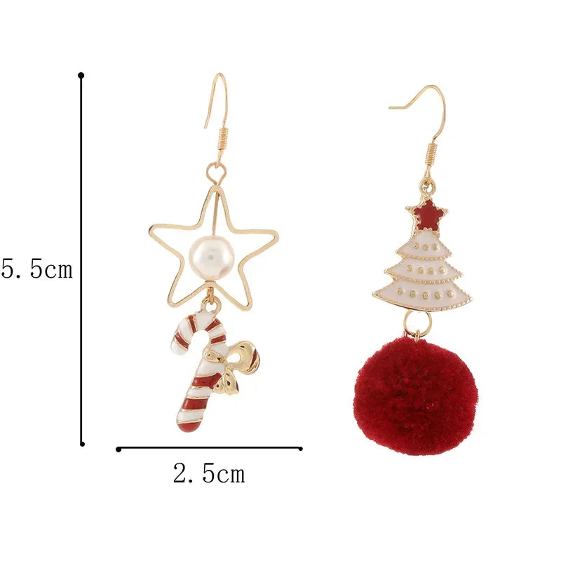 Cute Festive Christmas Tree Clip on Earrings Gifts Asymmetrical Red Ball Star Ear Clips Earrings Without Piercing