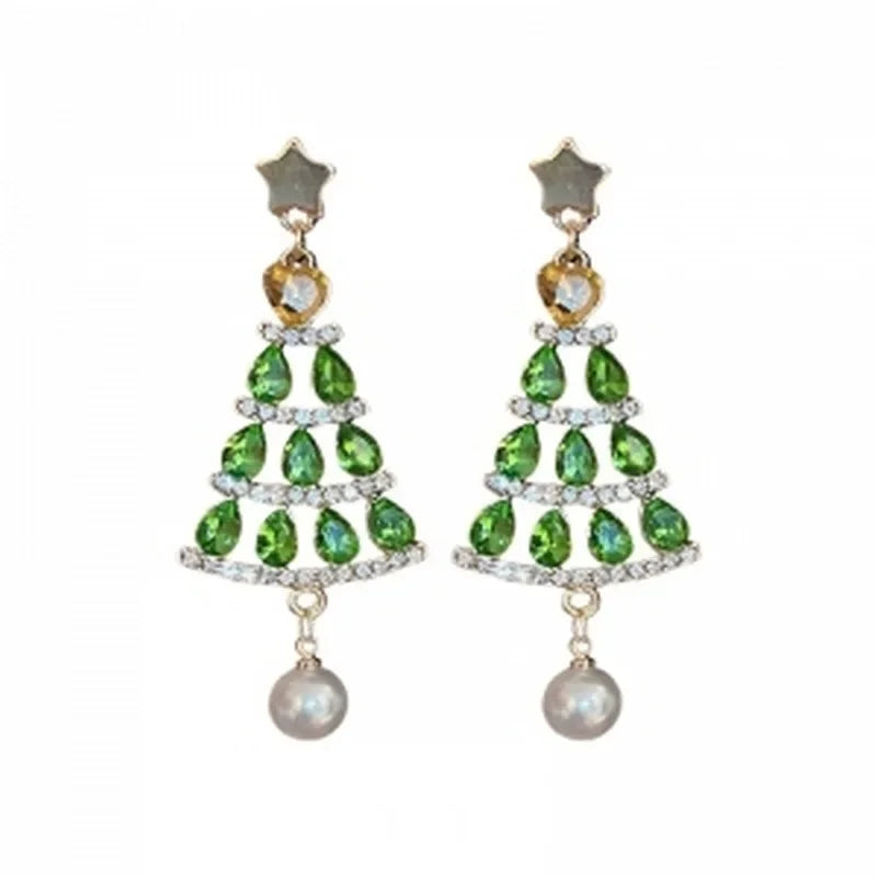 Green Rhinestone Christmas Tree Tassel Stud Earrings