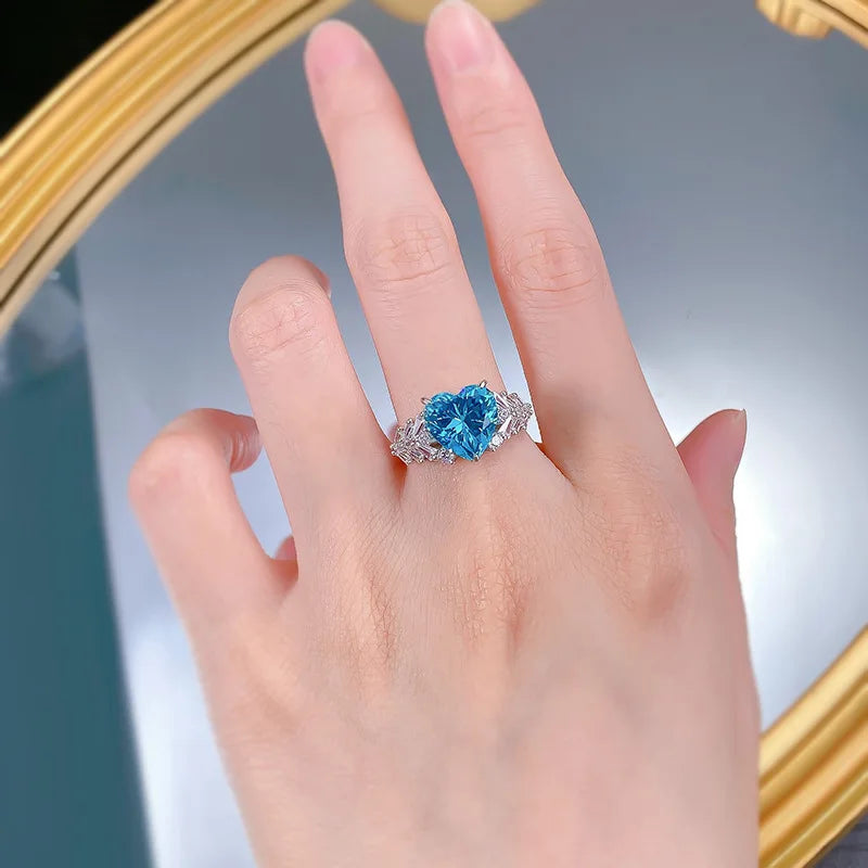 S925 Sterling Silver Heart Ring 10*10mm High Carbon Diamond Ocean Blue Ice Flower Cut