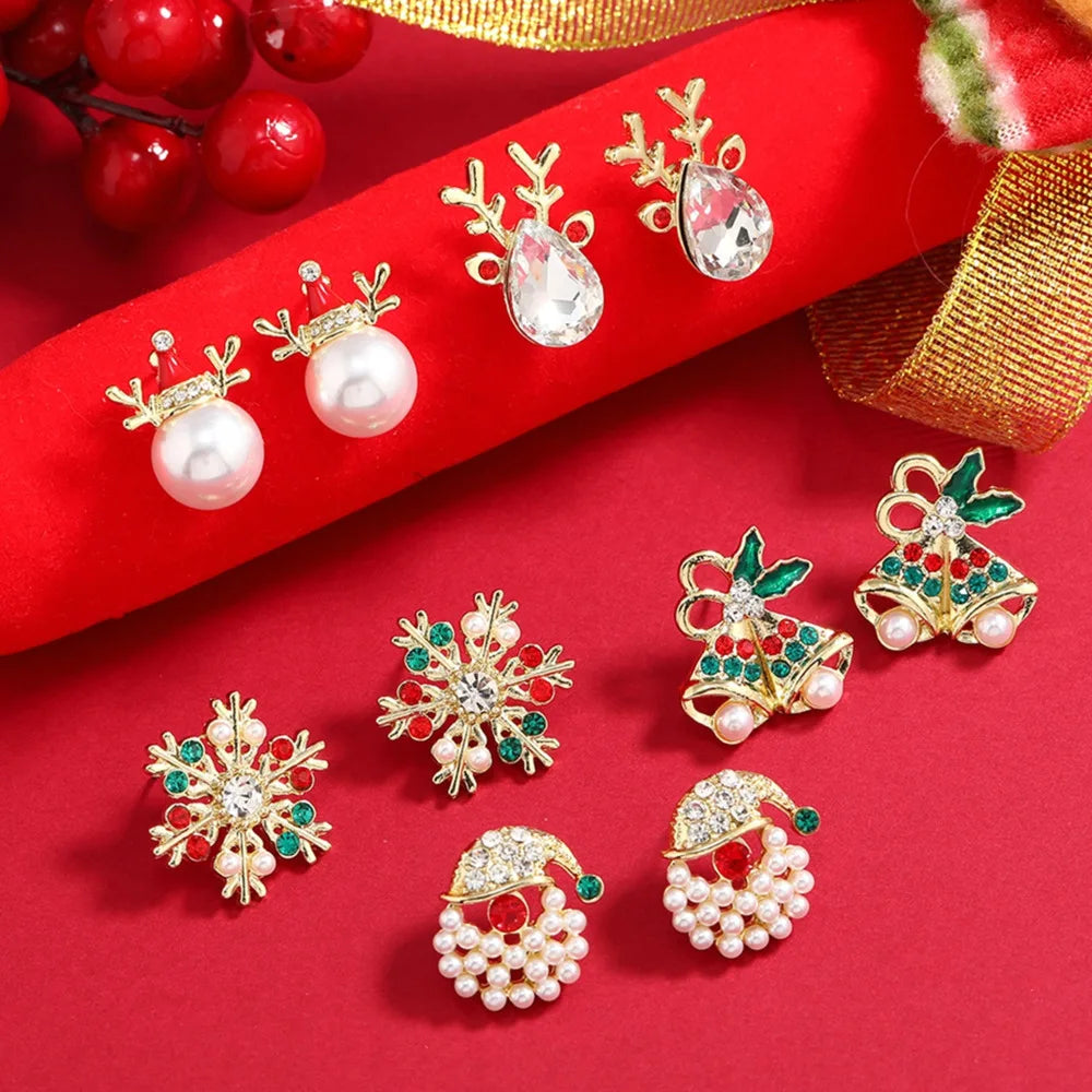 Rhinestone Imitation Pearl Snowflake Bell Elk Christmas Hat Stud Earrings