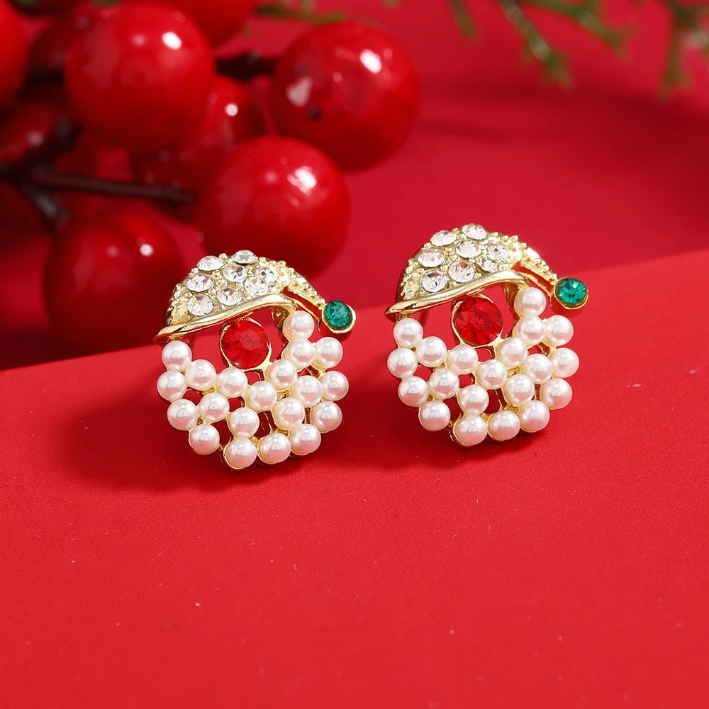 Rhinestone Imitation Pearl Snowflake Bell Elk Christmas Hat Stud Earrings