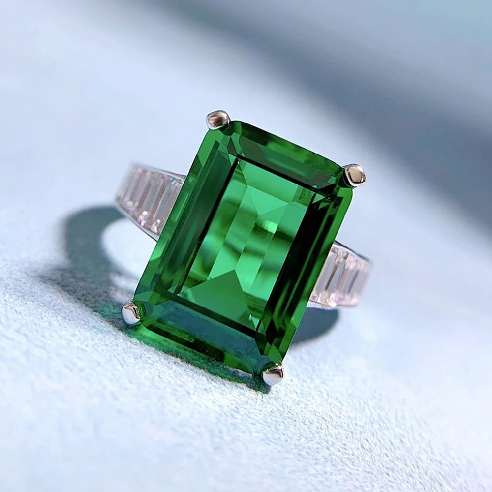 18K White Gold 10*14MM Emerald Sapphire Courndum Ring 925 Sterling Silver