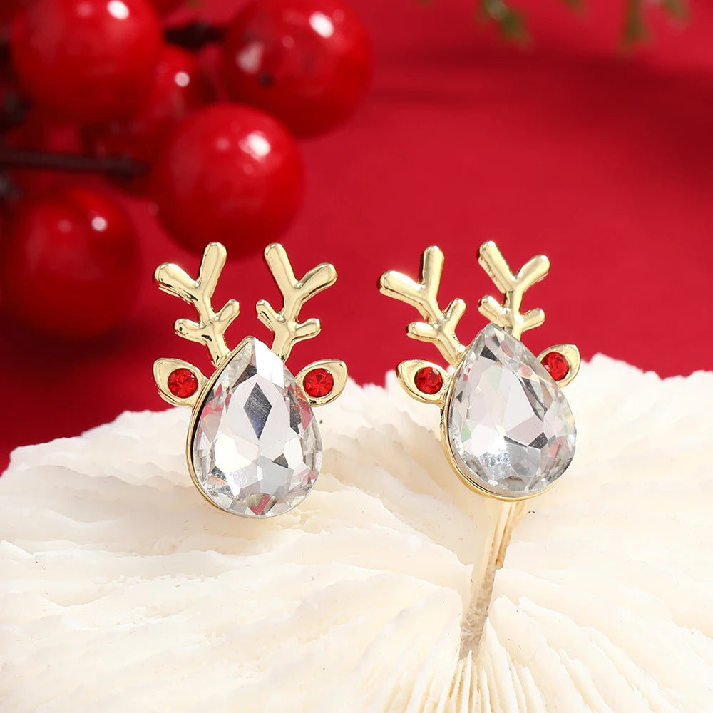 Rhinestone Imitation Pearl Snowflake Bell Elk Christmas Hat Stud Earrings