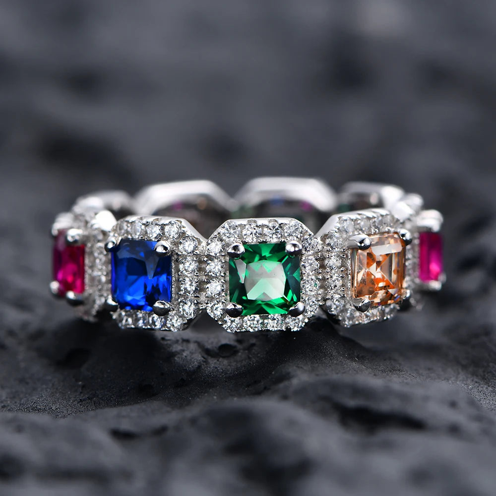 925 Sterling Silver Vivid Colorful Sapphire Sona Gemstone Ring