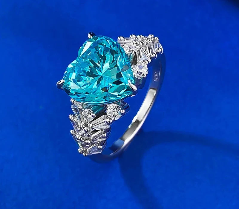 S925 Sterling Silver Heart Ring 10*10mm High Carbon Diamond Ocean Blue Ice Flower Cut