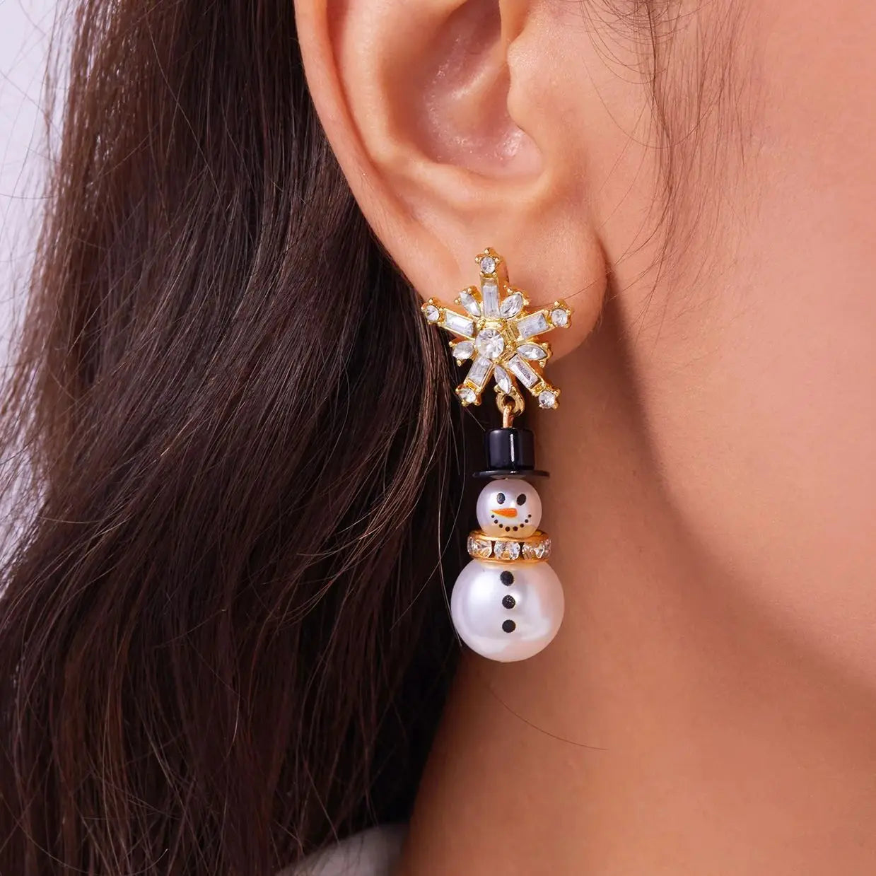 Imitation Pearl Snowman Stud Earrings Crystal Snowflake