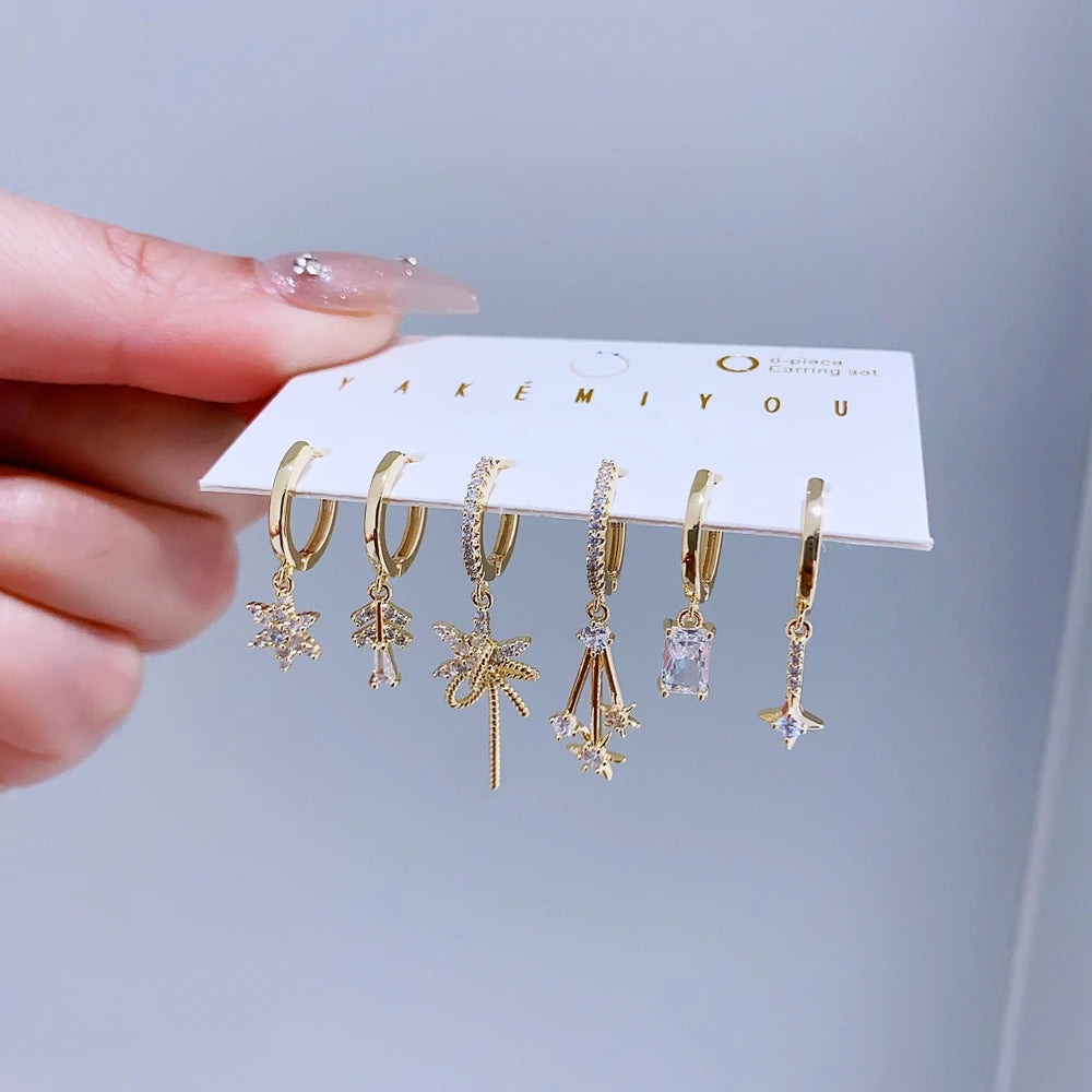 6pcs/set Christmas Snowflake Cubic Zirconia Huggie Earrings Gold Color Plated