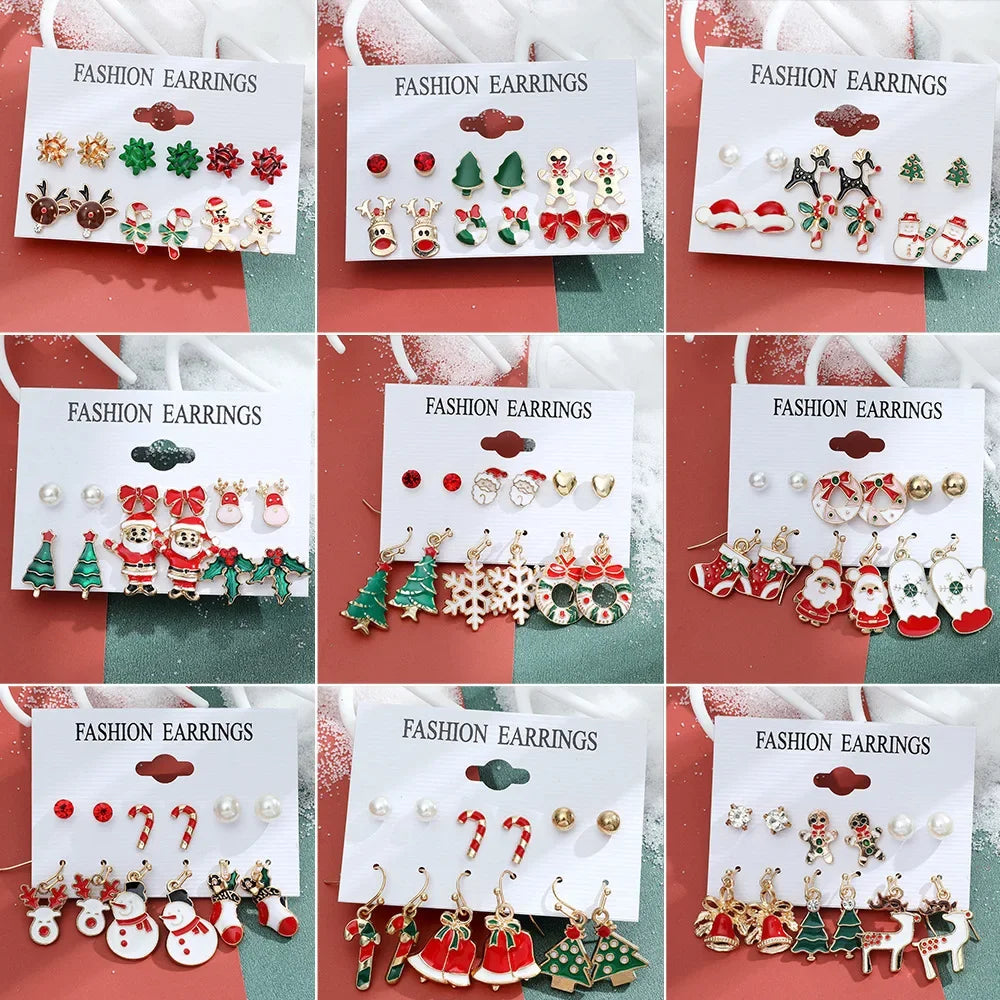 6pcs Christmas Earring Set Creative Santa Christmas Tree Earrings