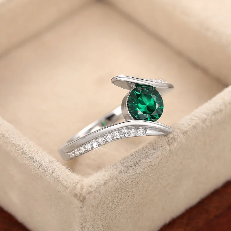 925 Sterling Silver Green Round Zirconia Ring