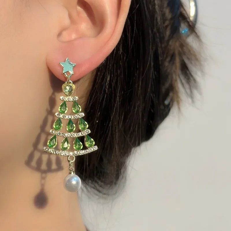 Green Rhinestone Christmas Tree Tassel Stud Earrings