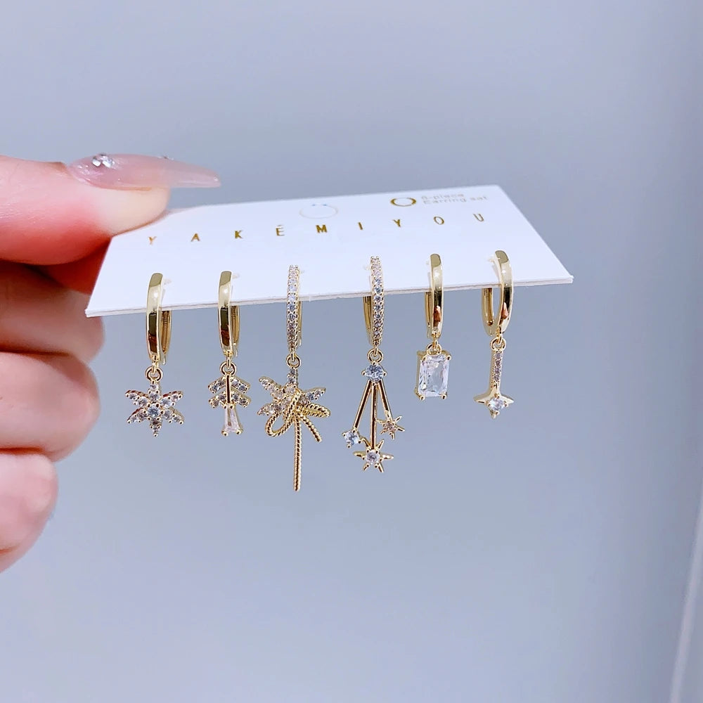 6pcs/set Christmas Snowflake Cubic Zirconia Huggie Earrings Gold Color Plated