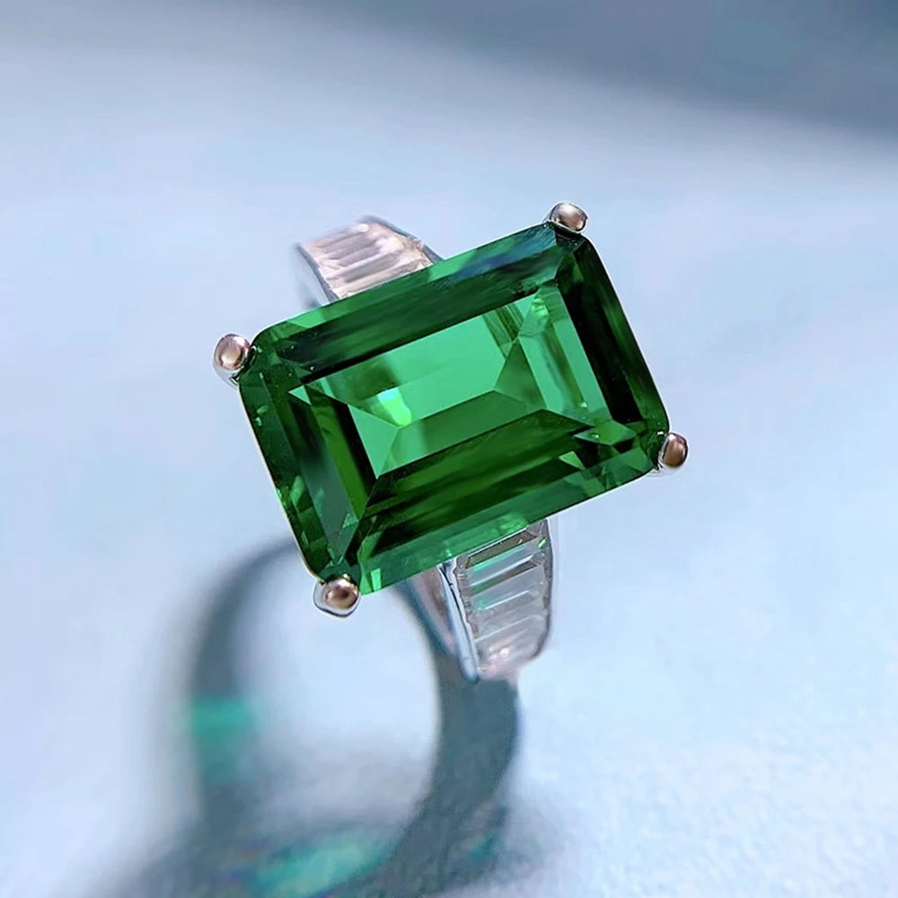 18K White Gold 10*14MM Emerald Sapphire Courndum Ring 925 Sterling Silver