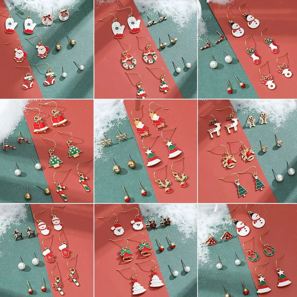 6pcs Christmas Earring Set Creative Santa Christmas Tree Earrings