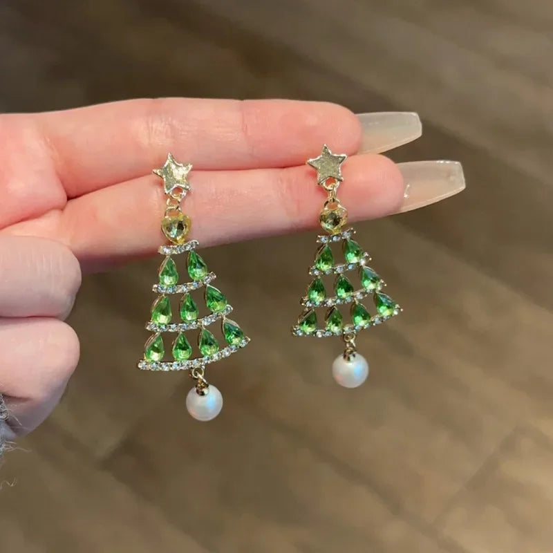 Green Rhinestone Christmas Tree Tassel Stud Earrings