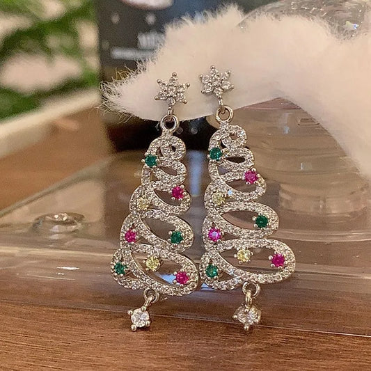 925 Silver Needle Colorful Tassel Christmas Tree Earring