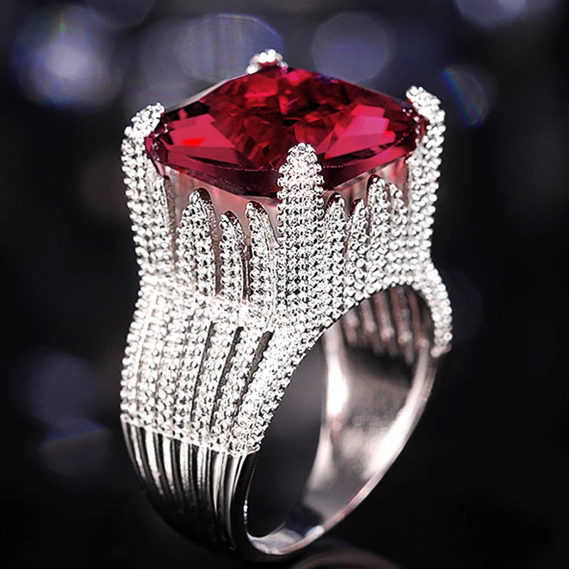 Square Dark Red Cubic Zirconia Ring