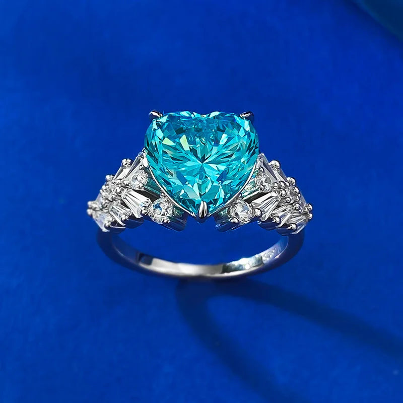 S925 Sterling Silver Heart Ring 10*10mm High Carbon Diamond Ocean Blue Ice Flower Cut