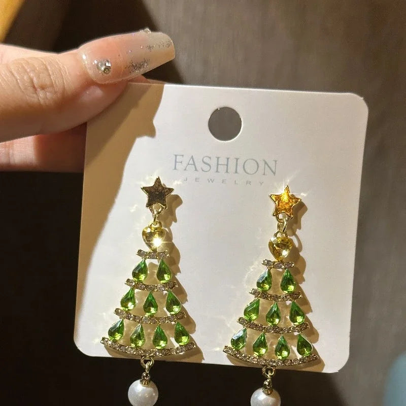 Green Rhinestone Christmas Tree Tassel Stud Earrings