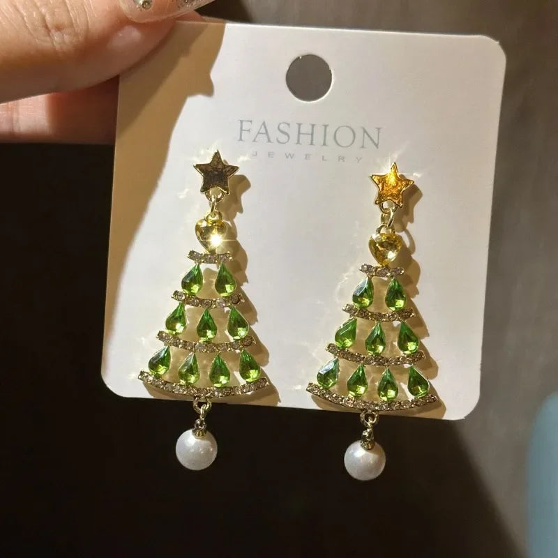 Green Rhinestone Christmas Tree Tassel Stud Earrings