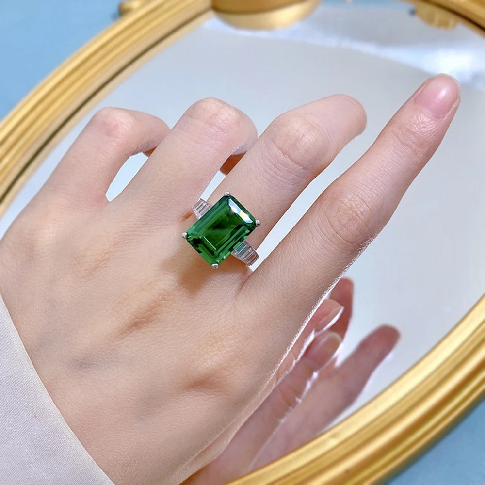 18K White Gold 10*14MM Emerald Sapphire Courndum Ring 925 Sterling Silver