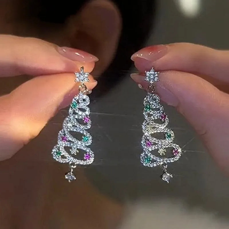 925 Silver Needle Colorful Tassel Christmas Tree Earring