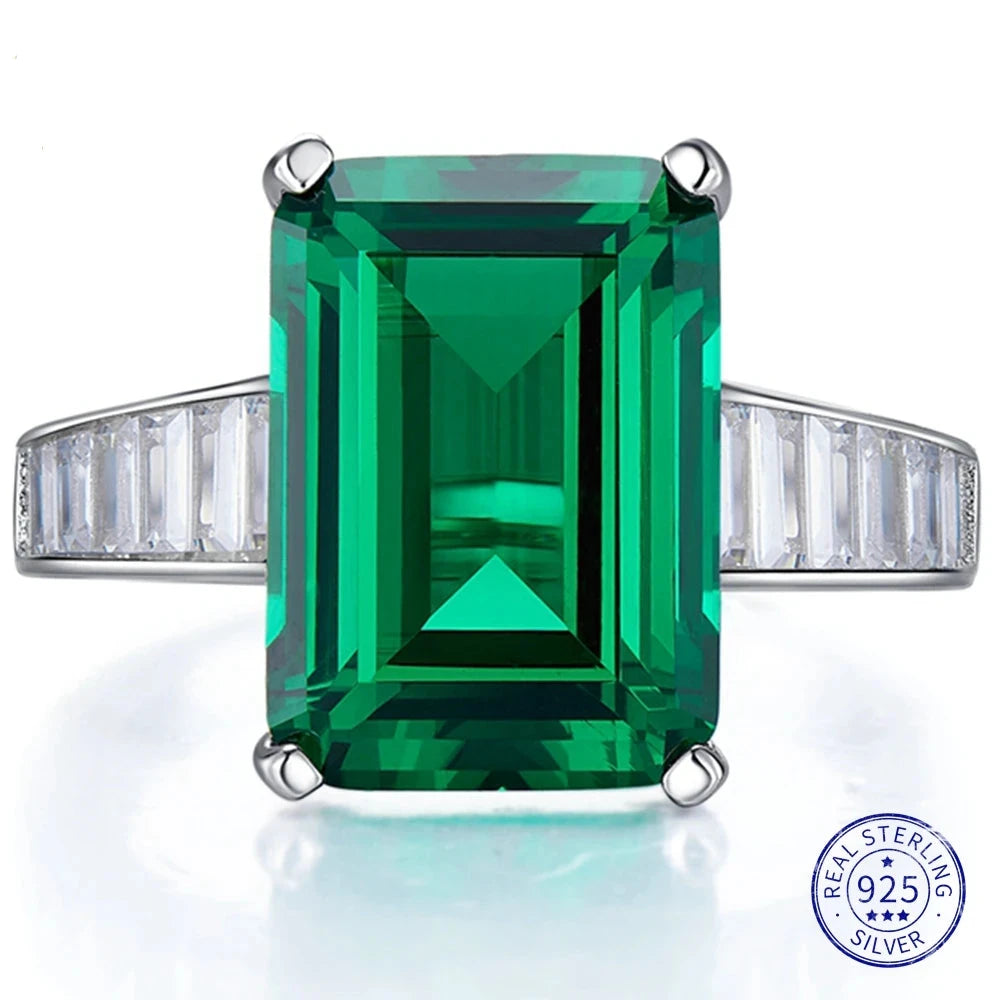 18K White Gold 10*14MM Emerald Sapphire Courndum Ring 925 Sterling Silver