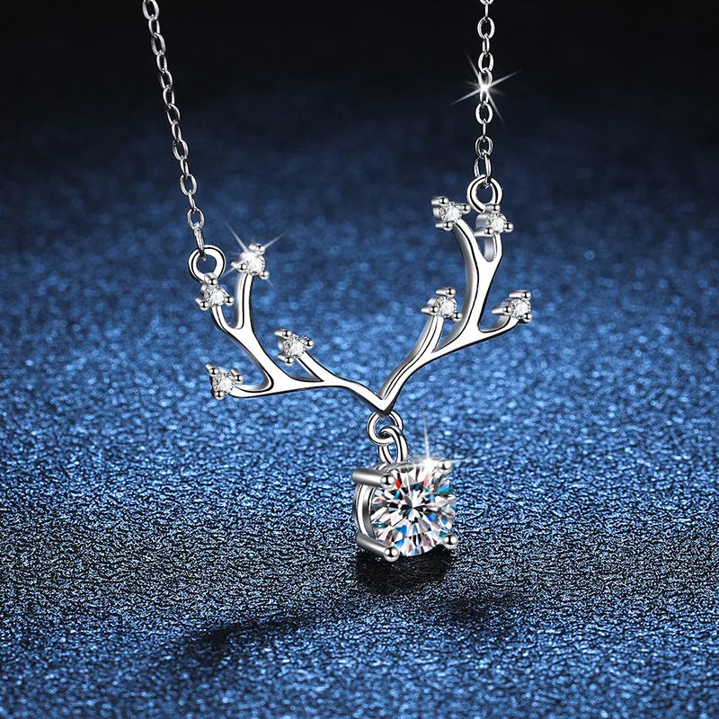 925 Sterling Silver 18k White Gold Coated 1ct Moissanite Necklace "One Deer with You"