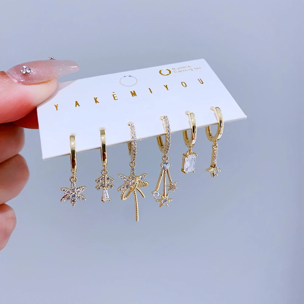 6pcs/set Christmas Snowflake Cubic Zirconia Huggie Earrings Gold Color Plated