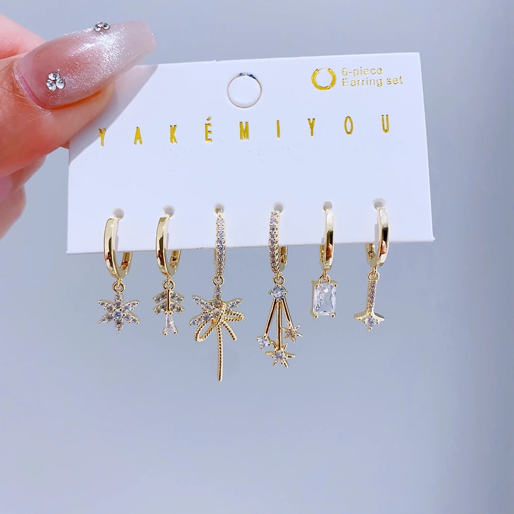 6pcs/set Christmas Snowflake Cubic Zirconia Huggie Earrings Gold Color Plated