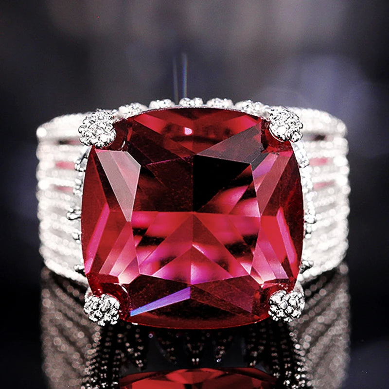 Square Dark Red Cubic Zirconia Ring