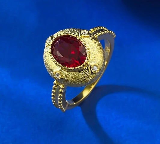 18K Gold Plated Ring 925 Sterling Silver High Carbon Diamond 7*9MM Pigeon Blood Red Brushed Ring