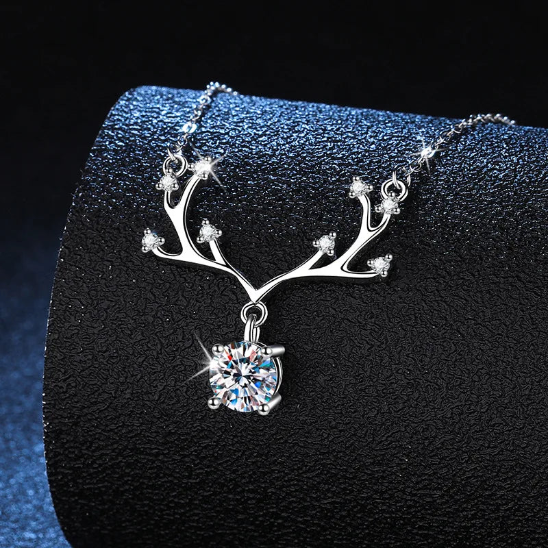 925 Sterling Silver 18k White Gold Coated 1ct Moissanite Necklace "One Deer with You"