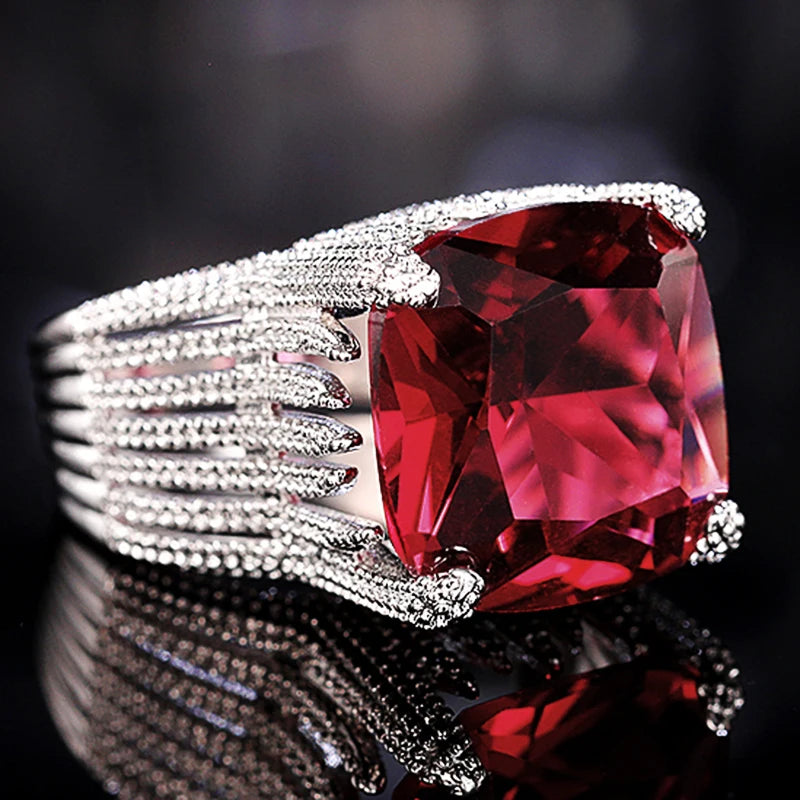 Square Dark Red Cubic Zirconia Ring