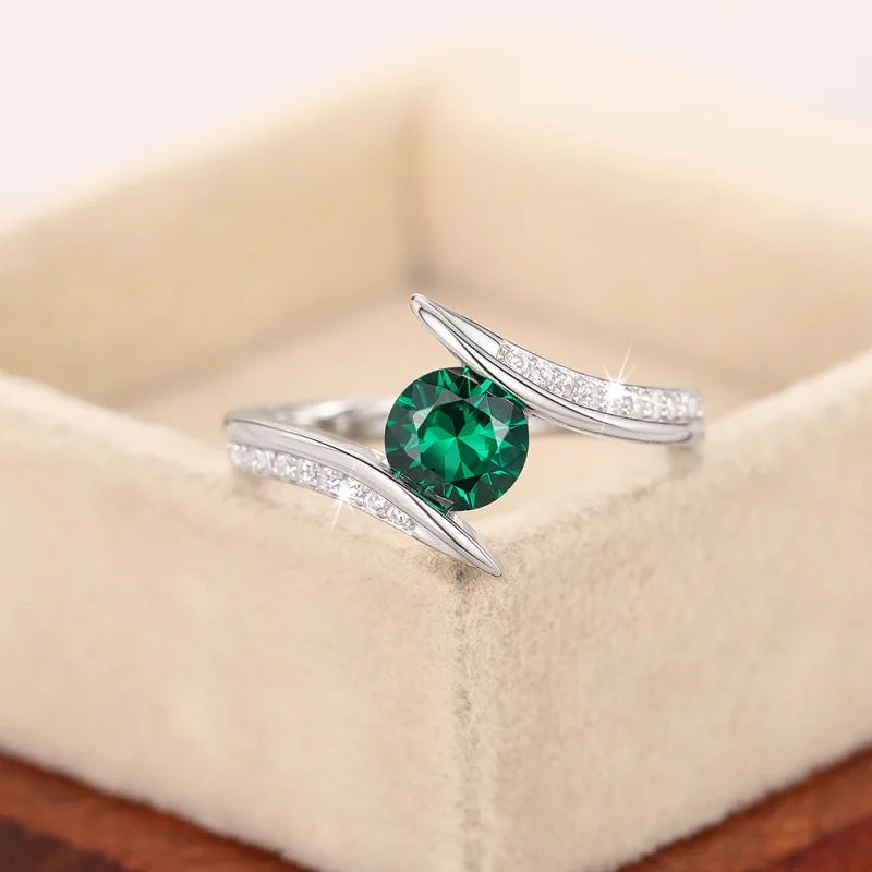 925 Sterling Silver Green Round Zirconia Ring