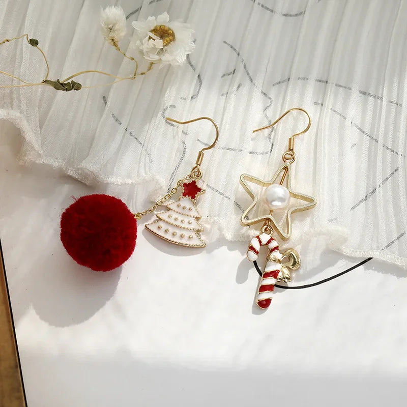 Cute Festive Christmas Tree Clip on Earrings Gifts Asymmetrical Red Ball Star Ear Clips Earrings Without Piercing