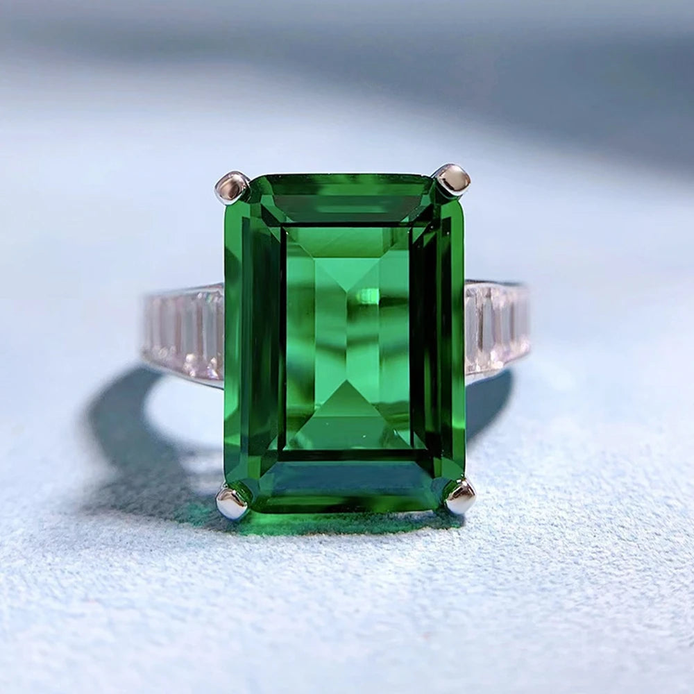 18K White Gold 10*14MM Emerald Sapphire Courndum Ring 925 Sterling Silver