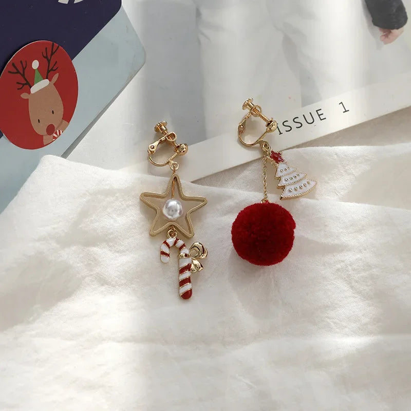 Cute Festive Christmas Tree Clip on Earrings Gifts Asymmetrical Red Ball Star Ear Clips Earrings Without Piercing