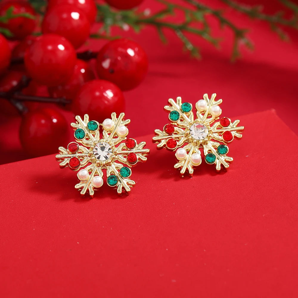 Rhinestone Imitation Pearl Snowflake Bell Elk Christmas Hat Stud Earrings