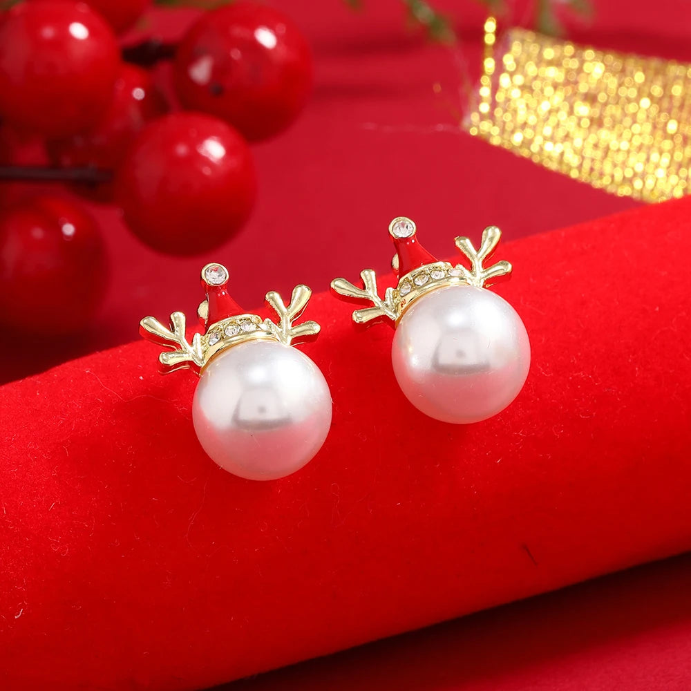 Rhinestone Imitation Pearl Snowflake Bell Elk Christmas Hat Stud Earrings