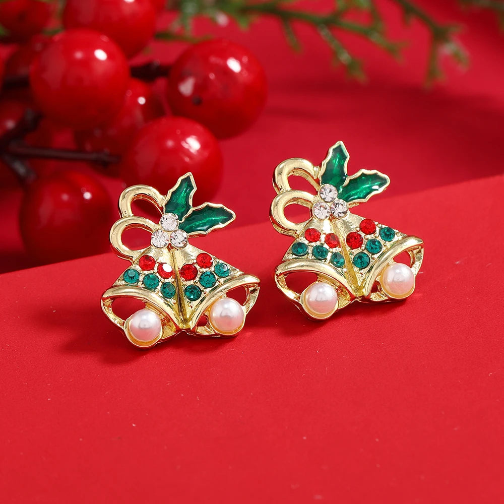 Rhinestone Imitation Pearl Snowflake Bell Elk Christmas Hat Stud Earrings