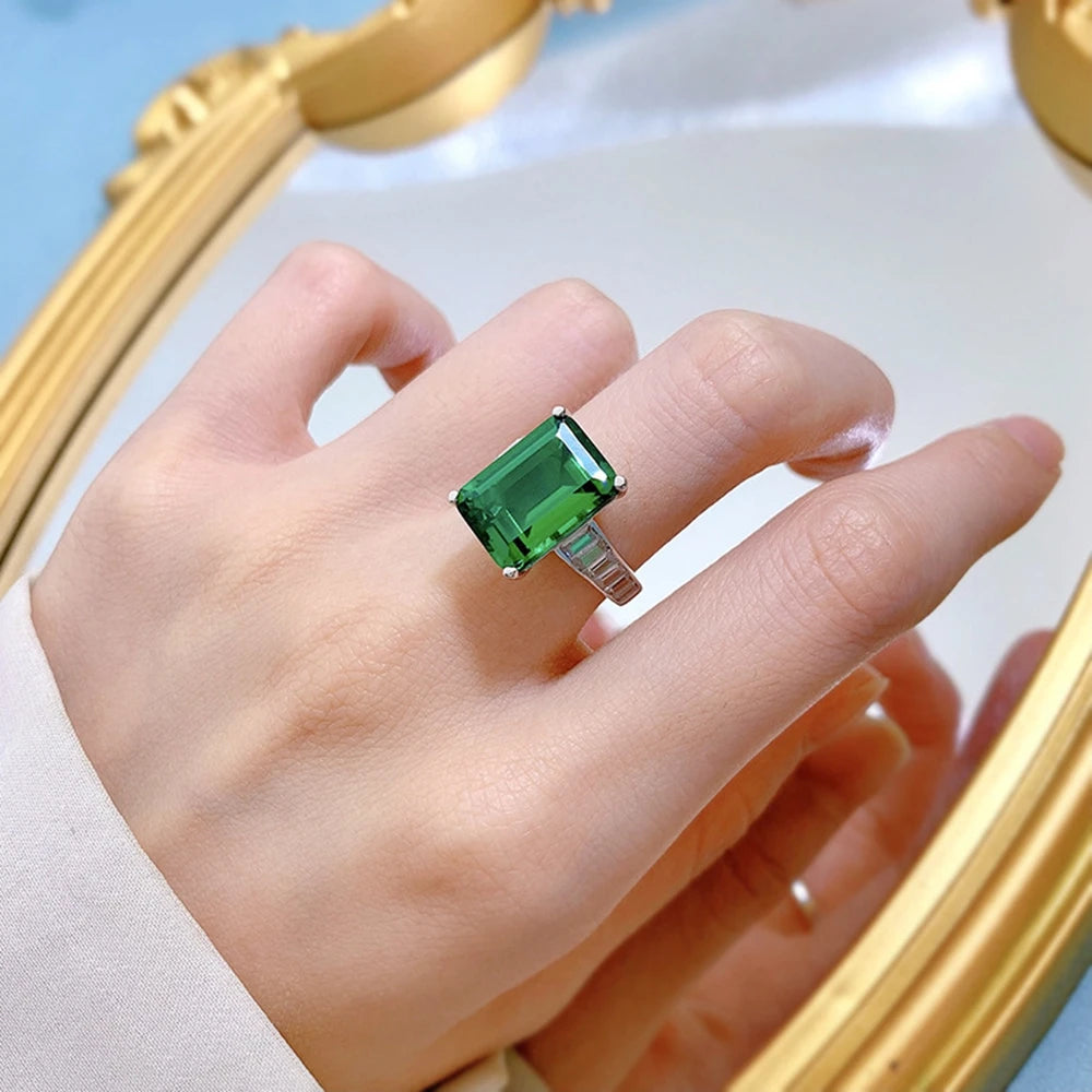 18K White Gold 10*14MM Emerald Sapphire Courndum Ring 925 Sterling Silver